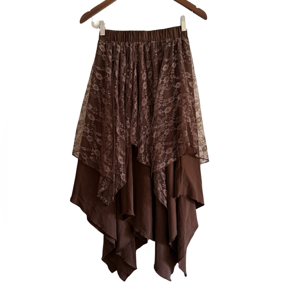 Whimsical Fairycore Lace Asymmetrical Hem Skirt Brown Cottagecore Renaissance